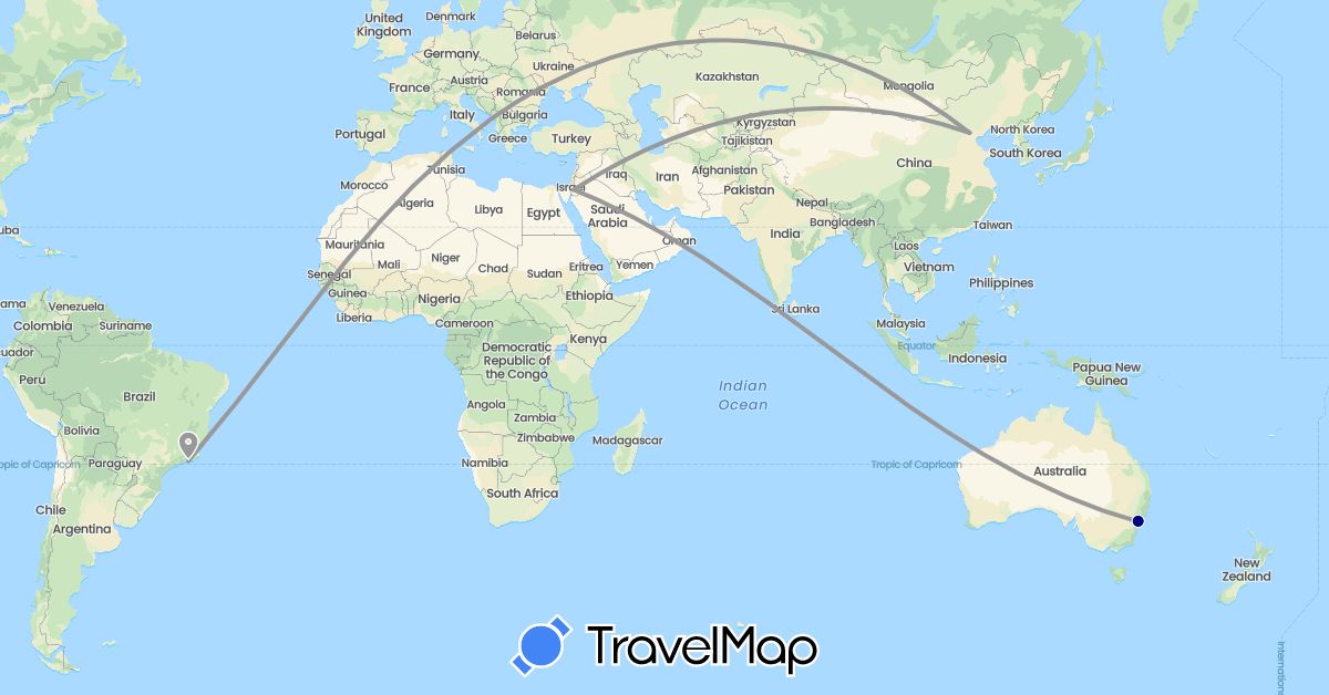 TravelMap itinerary: driving, plane in Australia, Brazil, China, Jordan (Asia, Oceania, South America)